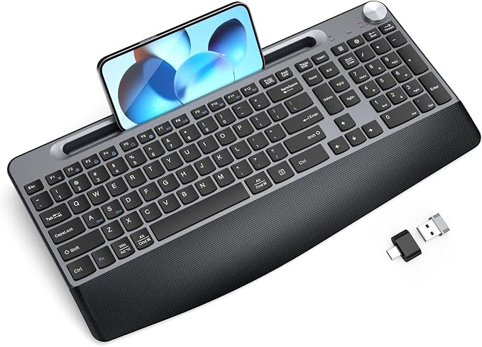 GAMCATZ Ergonomic Wireless Keyboard with Wrist Rest-Low-Profile,Phone/Tablet Holder,Quiet Design，Windows & Mac OS，Full Size Cordless USB Computer Keyboard for Desktop,Laptop, PC, Mac, Windows-Black by WirelessKeyboardAndMouse