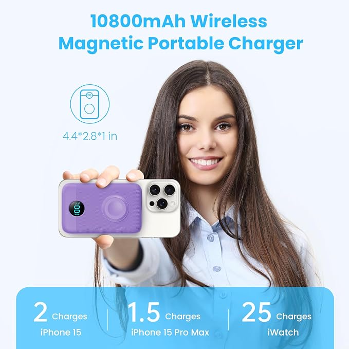 Pxwaxpy Magnetic Portable Charger 10800mAh,4-in-1 Power Bank with iWatch Charger, 25W PD Fast Charging USB C Battery Pack for Magsafe,iPhone 17/16/15/14/13/12 Series,Apple Watch (Purple) - Image 2