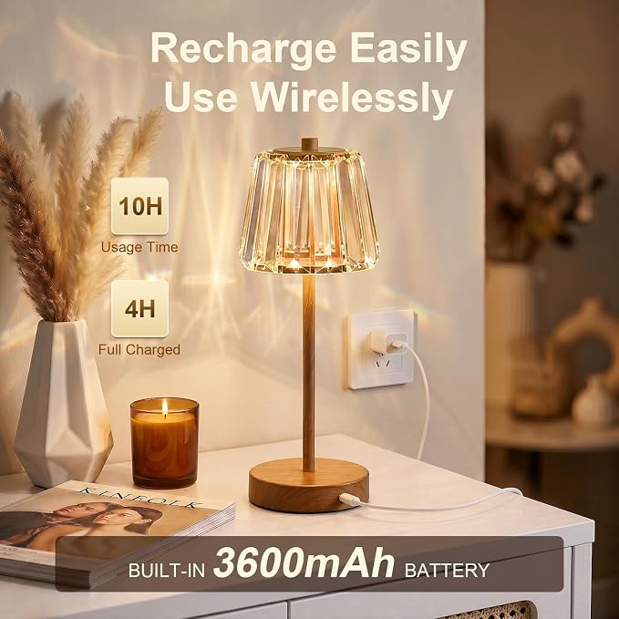 13" Small Crystal Cordless Table Lamp, Touch Rechargeable Desk Lamps | 3 Color Temps, Stepless Dimming, Wood Grain Portable Battery Operated LED Desk Lamps for Bedside, Nightstand, Kitchen, Patio - Image 5