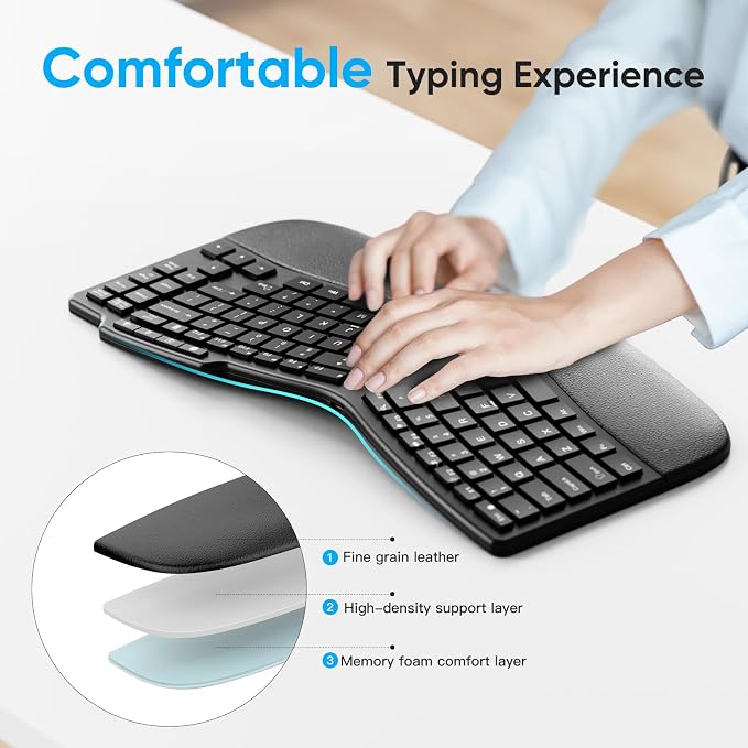 OMOTON Ergonomic Wireless Split Keyboard Compatible with Windows only, Cushioned Wrist Rest, Rechargeable, USB Connectivity, 2.4G Membrane Silent Keyboard, Classic Black - Image 5
