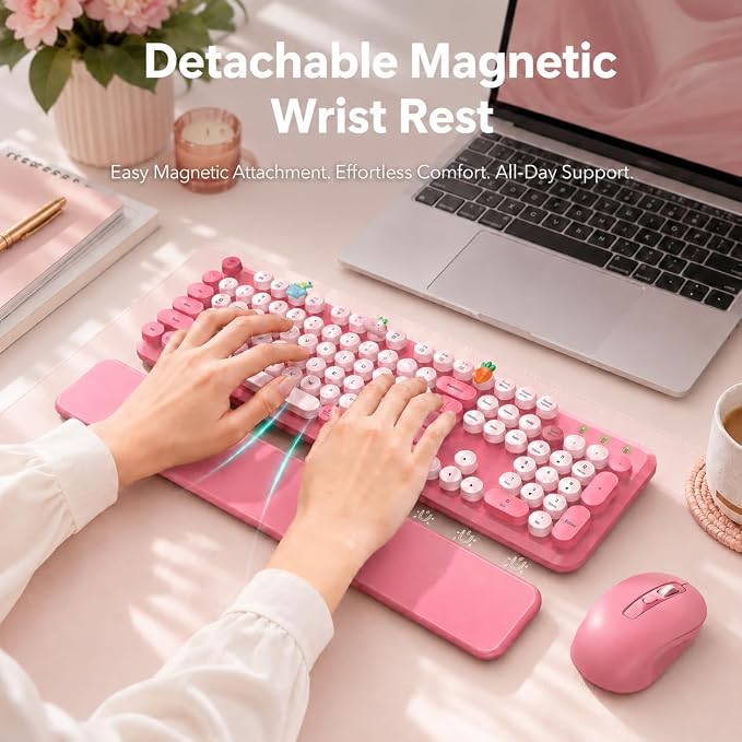Wireless Keyboard and Mouse Combo, Round Keycaps, Magnetic Wrist Rest, Pink | Full-Size Retro Typewriter-Style Keyboard, Tilt Legs, Auto Sleep, 2.4GHz Cordless for MacOS, Windows PC, Laptop, SABLUTE CK23 - Image 3
