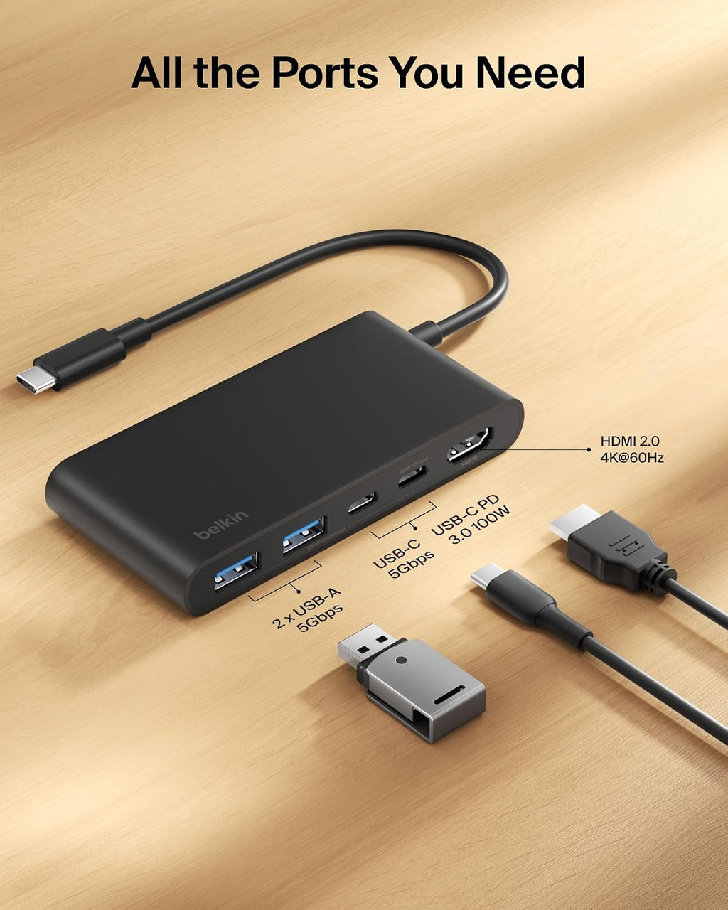 Belkin USB-C Hub 5-Port 4K HDMI 2.0 100W PD for MacBook, iPad & laptops - Image 3