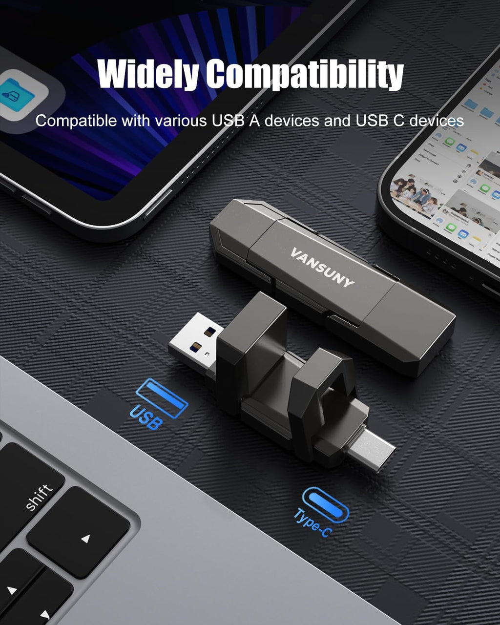 Vansuny 1TB Portable External Hard Drive Up to 500MB/s USB Solid State Drive USB 3.2 Dual SSD for Android Phone Tablet Laptop MacBook PC - Image 7