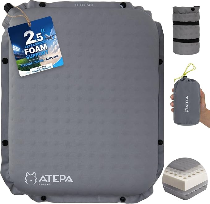 ATEPA Inflatable Seat Cushion | 2" & 2.5" Foam Core Seat Pad, Self Inflating, Compact, Stadium, Airplane, Travel, Camping, Hiking, Sports events by ATEPA