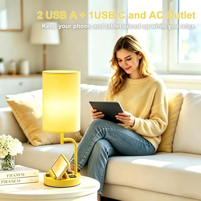 Dreamholder 2 Pack Table Lamp, Bedside Lamp with 3 USB Charging Ports & AC Outlet, USB Desk Lamp with 2 Phone Holders, Linen Fabric Shade Nightstand Lamps for Bedroom Living Room Office, Yellow - Image 7
