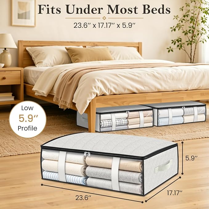 StorageRight Under Bed Storage Bags, 4 Pack, 40L, White | Breathable Non-Woven Fabric with a Clear Window and Zippered Top for Clothes, Comforters, Blankets and Seasonal Storage - Image 2