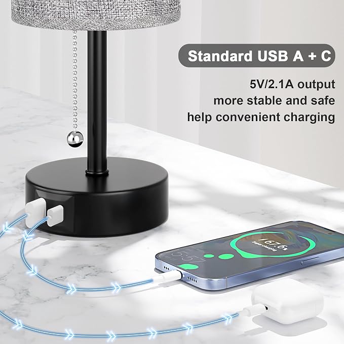 Grey Bedside Lamp for Bedroom Nightstand - Small Table Lamp Set of 2 | USB A+C Ports, 3 Color Temperatures, LED Bulb Included, Grey Fabric Shade, Black Base, 14" Tall Pull Chain Desk Lamp, 2-Pack - Image 7