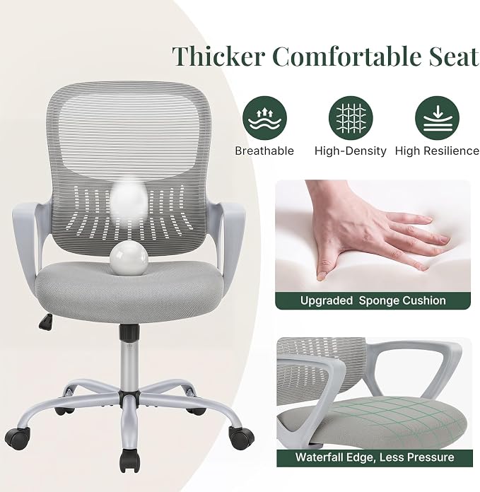 Home Office Desk Chair, Lumbar Support, Mesh Back Computer Chair | Height Adjustable, Mesh Mid-Back, Ergonomic Task Gaming Chair with 360° Swivel Wheels, Lumbar Support, Grey - Image 4