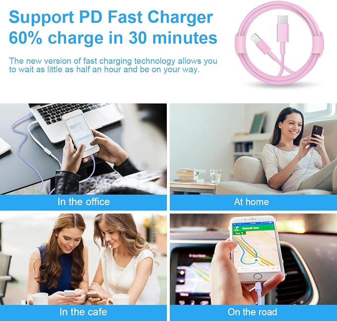 iPhone Fast Charger 3+3Pack 20W USB C Wall Charger with 6FT Fast Charging Cable Compatible with iPhone 14/13/12/11/Pro/Pro Max-Pink - Image 6