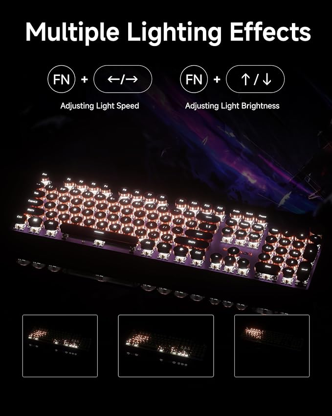 EWEADN V20 Typewriter Keyboard Wireless, 104 Keys Typewriter Style Mechanical with White Backlit, Media Knob, Pink Switch 2.4G/Bluetooth/USB-A Wired Retro Full Size Keyboard for Windows/Mac/PC-Purple - Image 6