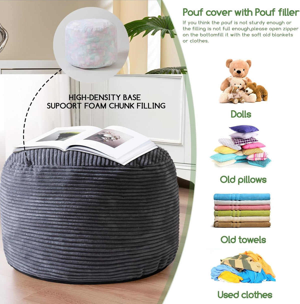 HIGOGOGO Round Stuffed Pouf Ottoman, Corduroy Poufs with Foam Chunk Filling, Furry and Fluffy Pouf Foot Stool Storage Ottoman, 20 X 15 Floor Poufs Foot Rest for Living Room, Dark Grey - Image 4