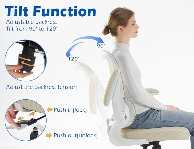 TRALT Ergonomic Office Chair Desk Chair with Adjustable Lumbar Support | Desk Chair Comfy with Flip-up Armrests Ergonomic Chair - Mesh Computer Chairs for Adults, 330lbs, PU Leather (Beige, 1) - Image 5