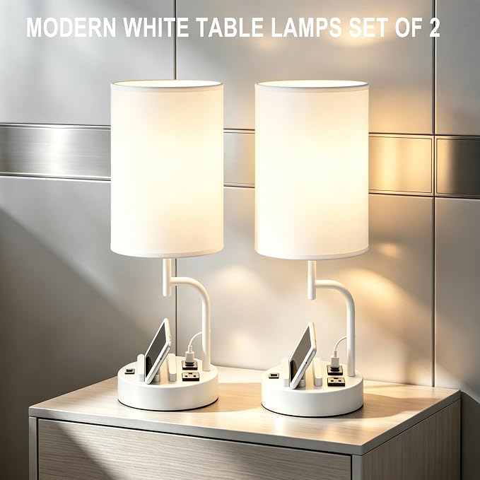 Dreamholder 2 Pack Table Lamp, Bedside Lamp with 3 USB Charging Ports & AC Outlet, USB Desk Lamp with 2 Phone Holders, Linen Fabric Shade Nightstand Lamps for Bedroom Living Room Office, White - Image 4