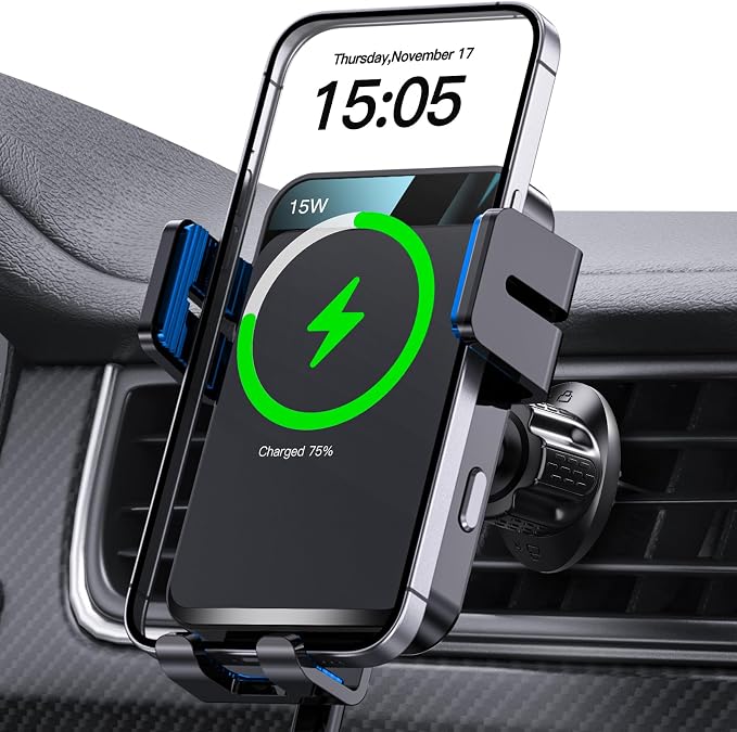 Wireless Car Charger Auto-Clamping Air Vent Car Mount 15W Fast Charging | Car Phone Holder Compatible for iPhone 17/16/15/14/13/13 Pro/12 Pro Max/12 pro/12/11/10, Samsung Galaxy Series Blue by MOKPR