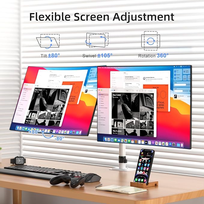 Suptek Dual Monitor Desk Mount, Adjustable Dual Monitor Arm for 2 Monitor Screens up to 43 inch, 15.75" Pole Monitor Stand for Desk, Holds up to 22 lbs,White(MD9442LW) - Image 7
