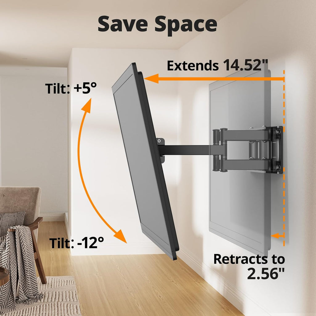 50 55 65 inch Full Motion TV Wall Mount for 32-70 inch TV Bracket,Dual articulating Arms Mount, Tilt Swivel Extension Level, Max VESA 400x400mm, 16" Studs, 110 lbs,Fit Most 40 43 50+ TVs - Image 5