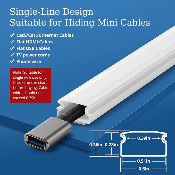 136in Cord Hider for Wall Mount TV, White Wire Covers for 1 Mini Cord | 8 Pack Cable Hider Kit, Paintable Power Wall Cord Cover, Wire Hiders for TV on Wall Cable Raceway - L17in W0.6in H0.36in - Image 2