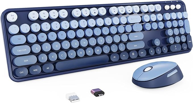 Nowlike Wireless Keyboard and Mouse Combo, Retro Typewriter Keyboard with Round Keycaps, Full-Size Ergonomic, Blue, Ideal for Windows PC, Home, Office, and College, Wireless Keyboard Mouse Combo by Unknown
