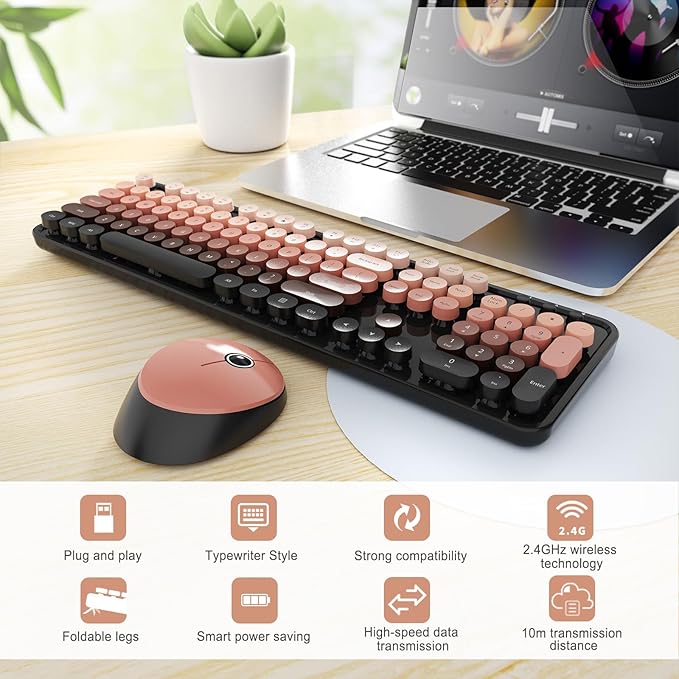 SkyGive Wireless Keyboard and Mouse Combo, Ergonomic Full Size Typewriter Retro Round Keycaps Keyboard, Compatible with Windows, PC, Perfer for Home and Office Keyboards (Aurora Red) - Image 2