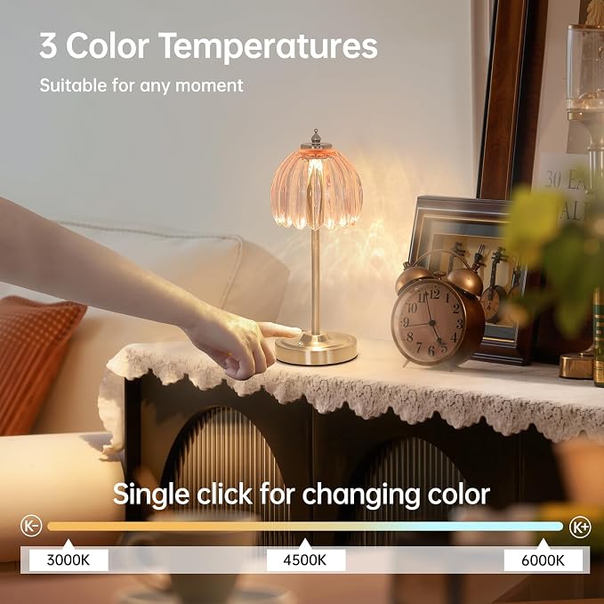 Shenmoyl Tulip Table Lamp with 5200mAh Battery & Touch Control, Cordless Small Table Lamp with 3 Colors, Dimmable Rechargeable Table Lamps for Living Room, Bedroom, Desk, Bedside (Clear Pink Tulip) - Image 4