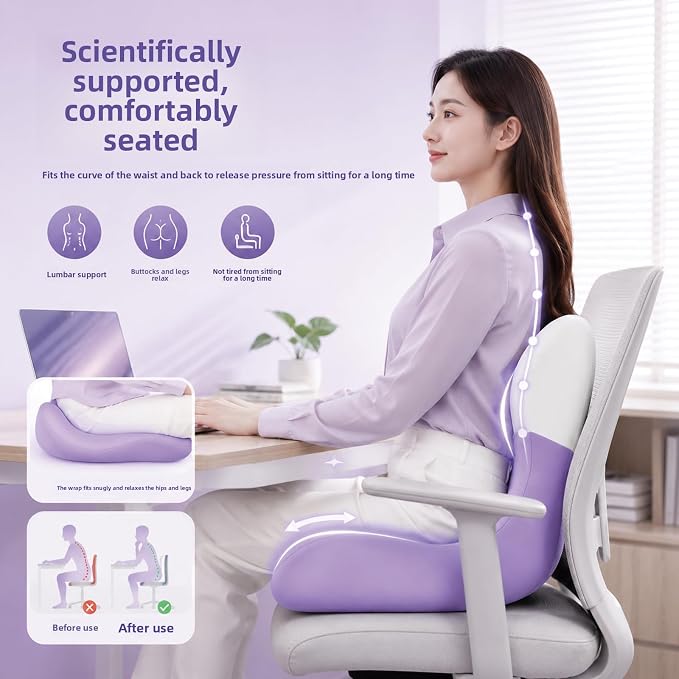 X Large Memory Foam Seat Cushion Lumbar Support Pillow for Sciatica & Tailbone Pressure Relief Coccyx Pad for Office Chair, Car,Wheelchair,Home,Office-Purple - Image 3