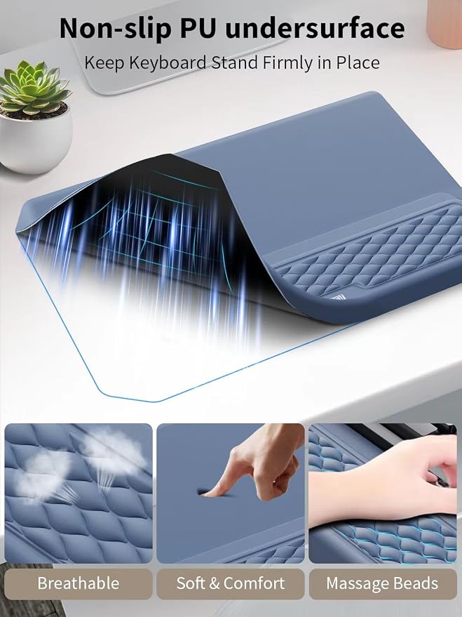 3-in-1 Ergonomic Keyboard Stand with Wrist Rest & Mouse Pad Set, Blue | Comfy Keyboard Riser Holder Soft Mousepad with Massage Design, Memory Foam and Non-Slip PU Base for Pain Relief - Image 6