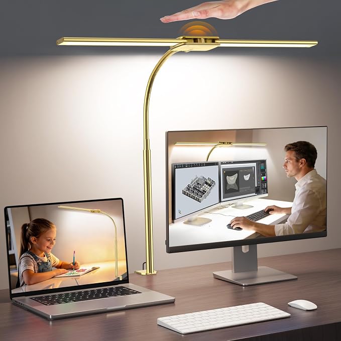 Syrinx LED Desk Lamp for Office Home, Dual Head Eye-Care Architect Lamp | Gesture/Wired Control, Flexible Neck, Bright Desk Light with Memory/Timer, 50 Lighting Modes for Study, Drafting, Gold by Syrinx