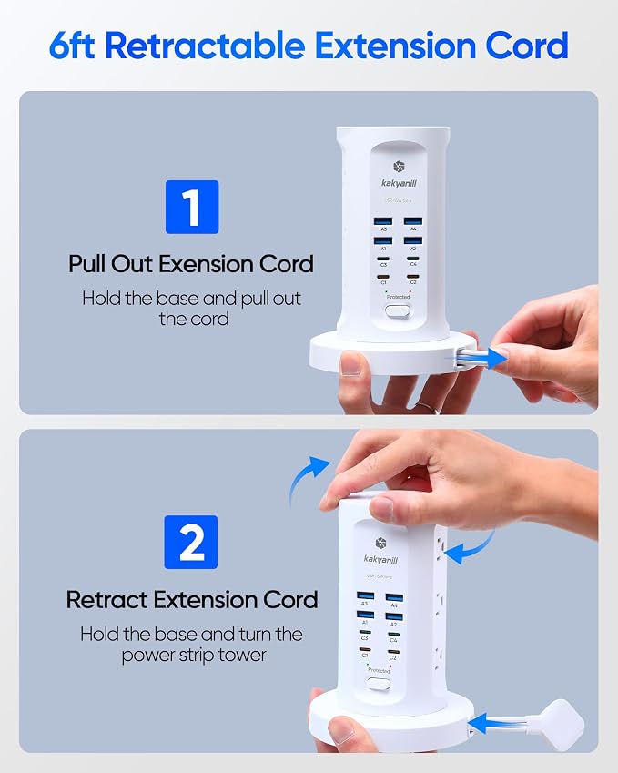 Power Strip Tower, kakyanill PD 65W Charging Station 9 AC Outlets 8 USB | 6 Ft Retractable Extension Cord, 15W Wireless Charger, White - Image 2