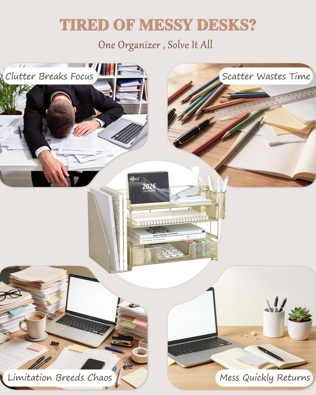 WALI Desk File Organizer, 4 Tier Desktop Paper Letter Tray Organizer with Drawer and 2 Pen Holders, Office Desk Accessories & Workspace Organizers for Office, Home, School Supplies, 1 Pack, Gold - Image 2