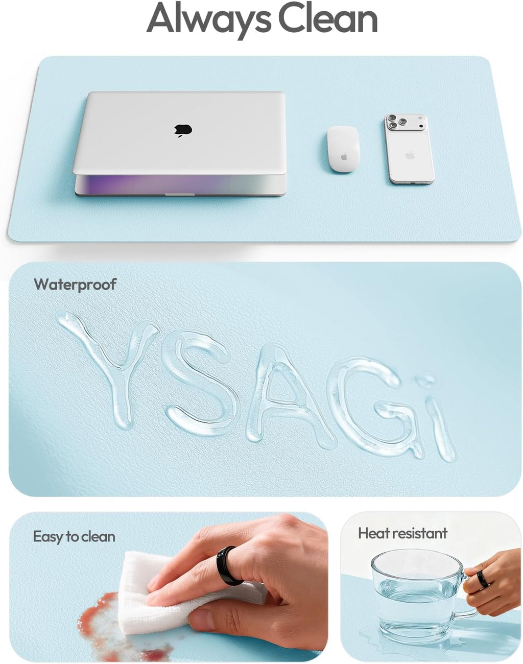 YSAGi Leather Desk Protector, Office Mat, Large Mouse Mat, Non-Slip PU Leather Blotter, Laptop Desk Pad, Waterproof Writing Pad for Office and Home (Baby Blue, 31.5" x 15.8") - Image 7