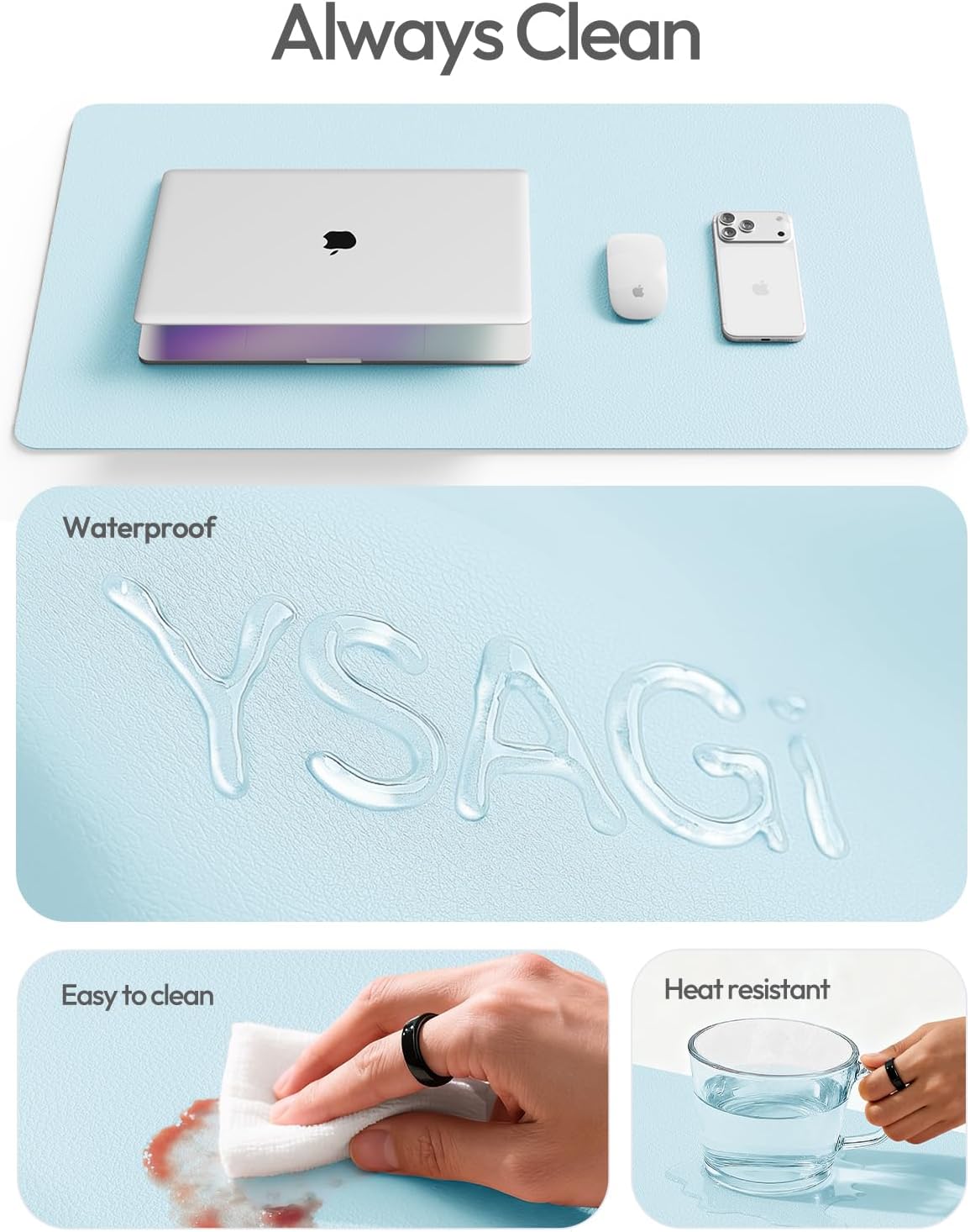 YSAGi Leather Desk Protector, Office Mat, Large Mouse Mat, Non-Slip PU Leather Blotter, Laptop Desk Pad, Waterproof Writing Pad for Office and Home (Baby Blue, 31.5" x 15.8") - Image 7