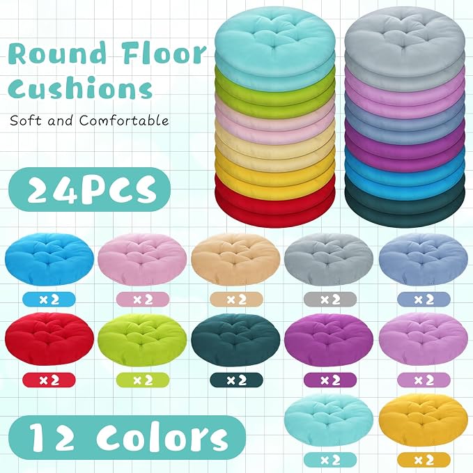 Tinideya 24 Pcs Floor Cushions Classroom,Medium 15.7 Inch,Multi Color | Round Meditation Pillows for Adults Kids, Flexible Seating Nursery Living Room Yoga, Soft Padded Chair Cushion - Image 4