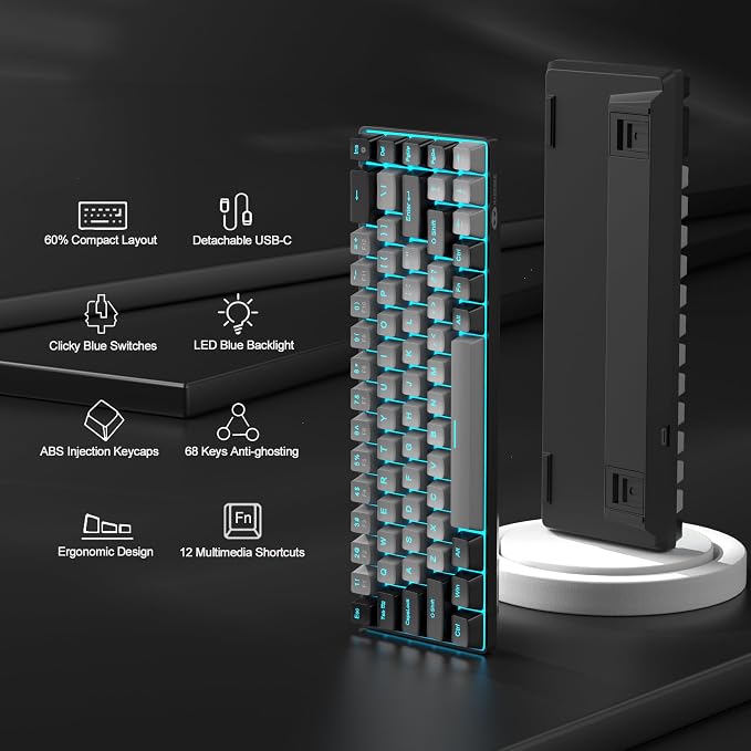 MageGee Portable 60% Mechanical Gaming Keyboard, MK-Box LED Backlit Compact 68 Keys Mini Wired Office Keyboard with Blue Switch for Windows Laptop PC Mac - Grey/Black - Image 2