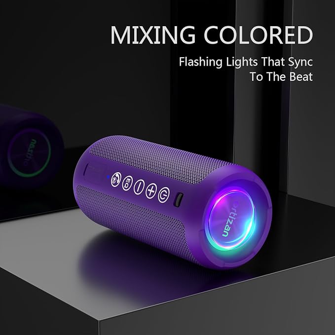 Ortizan Portable Bluetooth Speaker: IPX7 Waterproof, 24W Loud Sound, Purple | Deep Bass, Bluetooth 5.3, LED Lights, Wireless Stereo Pairing, 30H Playtime, for Home/Outdoor/Party/Beach, Birthday Gift - Image 5