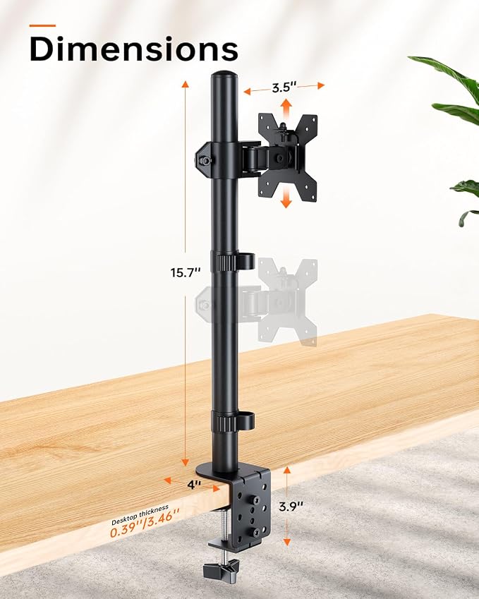 Extra Tall Monitor Arm for 13-27" Monitors, 31.5" Pole, Height Adjustable | Full-motion adjustment with swivel, tilt and rotation, supports up to 17.6 lbs, VESA 75x75-100x100mm, C-clamp mount - Image 8