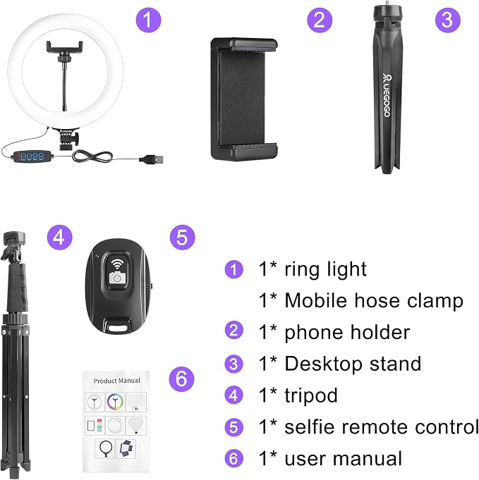 UEGOGO 10'' Ring Light with 72'' Tripod Stand & Phone Holder，38 Color Modes Dimmable LED Ringlight for Live Stream, YouTube,Makeup,TikTok - Image 7