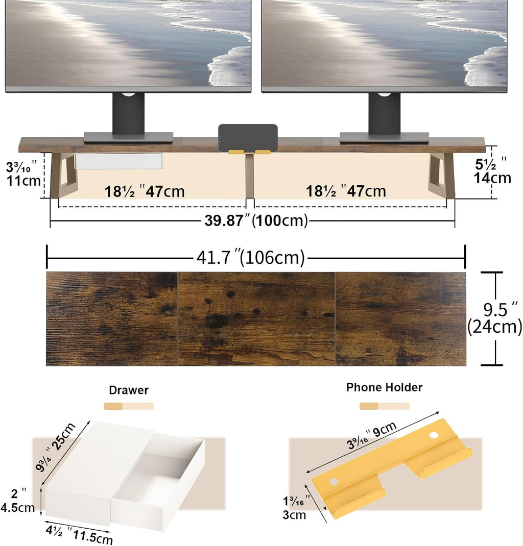 TEAMIX 42 inch Dual Monitor Stand Riser with Storage Drawer for Desk, Brown - Image 4