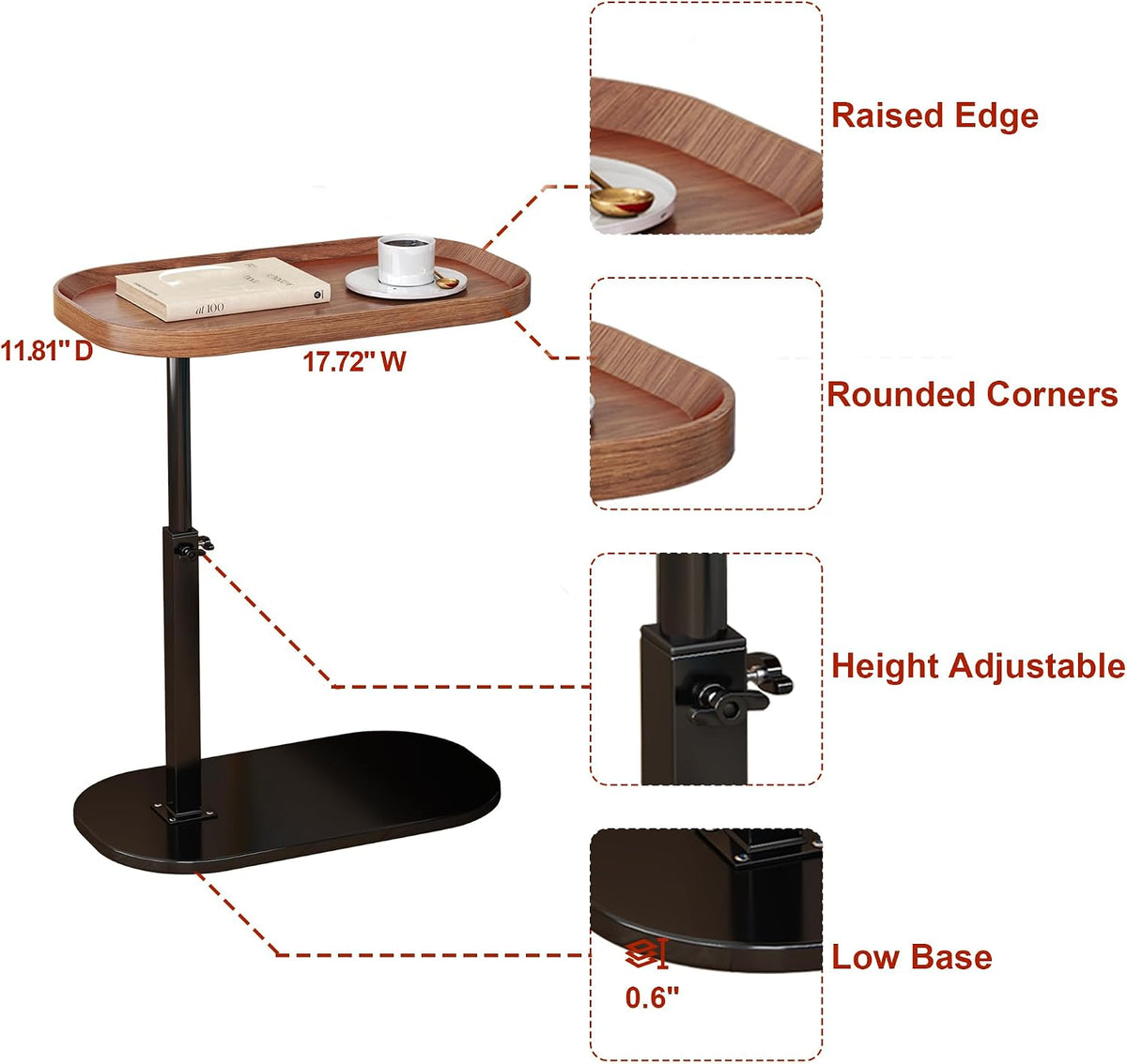C Shaped Side Table Adjustable Height, 360° Swivel Couch End Table That Slide Under, Small C Shaped End Table for Sofa/Bed/Bathtub, Coffee TV Dinner Tray for Living Room, Bedroom, Bedside (Wood) - Image 3