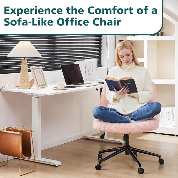 OLIXIS Criss Cross Chair with Wheels, Vanity Chair, Home Office Desk | Furry Teddy Fleece, Wide Seat Armless, Height Adjustable Swivel, Home Computer Task, Bedroom, Study, Pink Teddy - Image 3