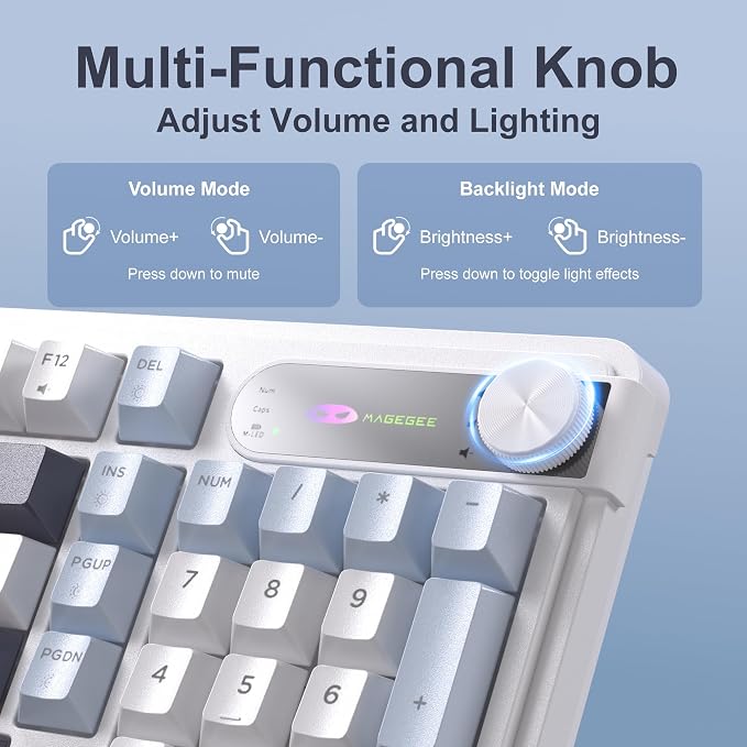 MageGee GK960 Wireless Keyboard, 98 Keys Tri-Mode BT/2.4G/Wired Membrane Gaming Keyboard, RGB Creamy Keyboard with Number Pad, Knob Control, 4000mAh Battery - Blue & White - Image 4