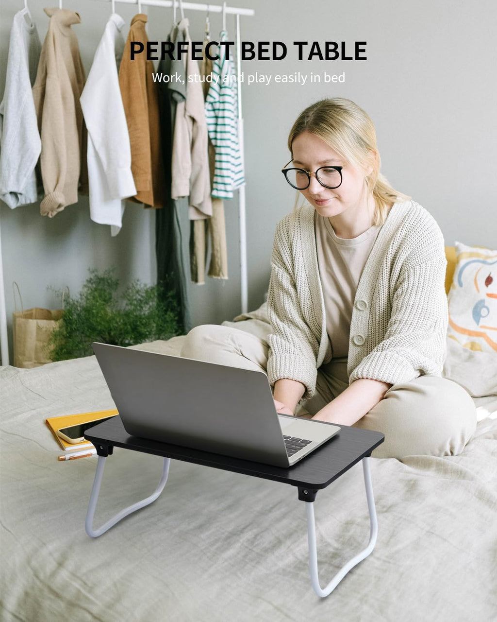 Foldable Lap Desk Laptop Stand Bed Desk Table Tray, Breakfast Serving Tray, Portable & Lightweight Mini Table, Lap Tablet Desk for Sofa Couch Floor - Black - Image 2