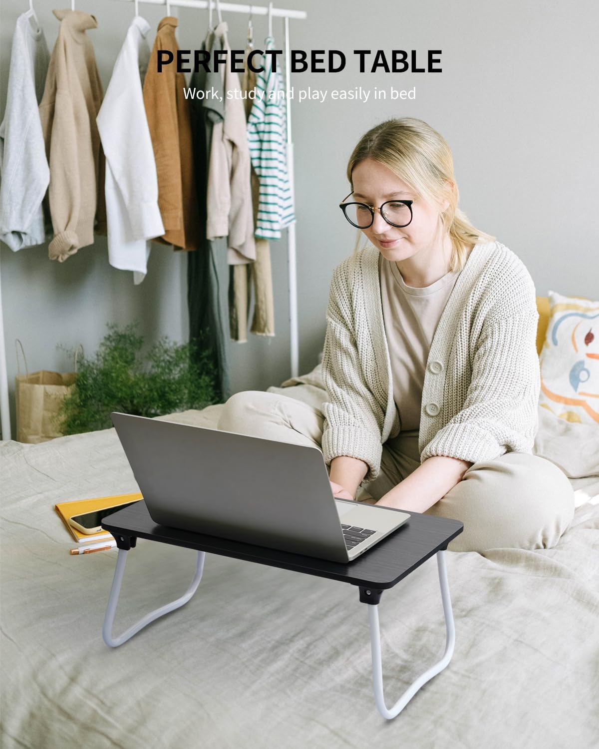 Foldable Lap Desk Laptop Stand Bed Desk Table Tray, Breakfast Serving Tray, Portable & Lightweight Mini Table, Lap Tablet Desk for Sofa Couch Floor - Black - Image 2