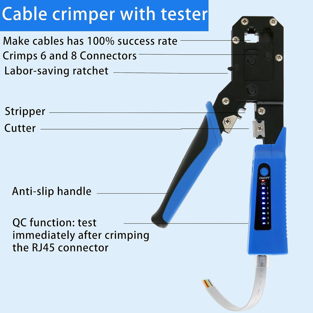 RJ45 Crimp Tool Kit All-in-One Ethernet Crimper Cat6 Cat5 Cat5e Crimping Tool with Network Cable Tester, 50-Pack Cat5e RJ45 Connector, 50-Pack Connector Boots - Image 3
