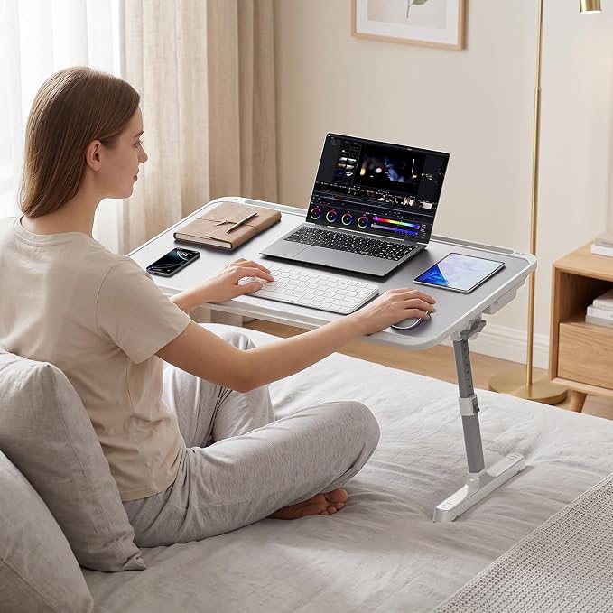 Potuopy Adjustable Lap Desk,Large Smooth Easy-Clean Wood Grain Desktop,Foldable Laptop Bed Tray Table with Storage Drawer,Portable Laptop Stand Fits 17" Laptop for Bed Couch Floor (Light Gray) - Image 9
