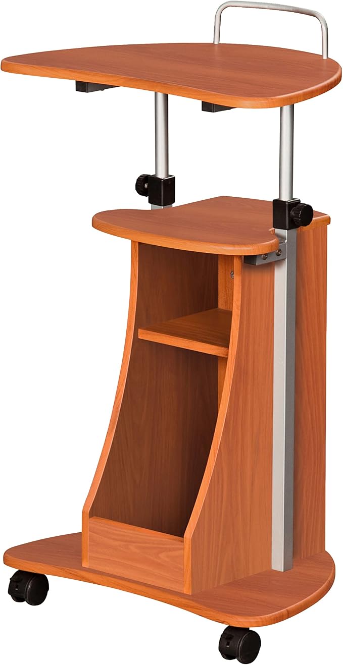 Adjustable Height Laptop Cart With Storage. Color: Woodgrain | Adjustable height rolling laptop cart with storage drawer, open shelf, wheels, sit‑stand design for office or medical use - Image 8