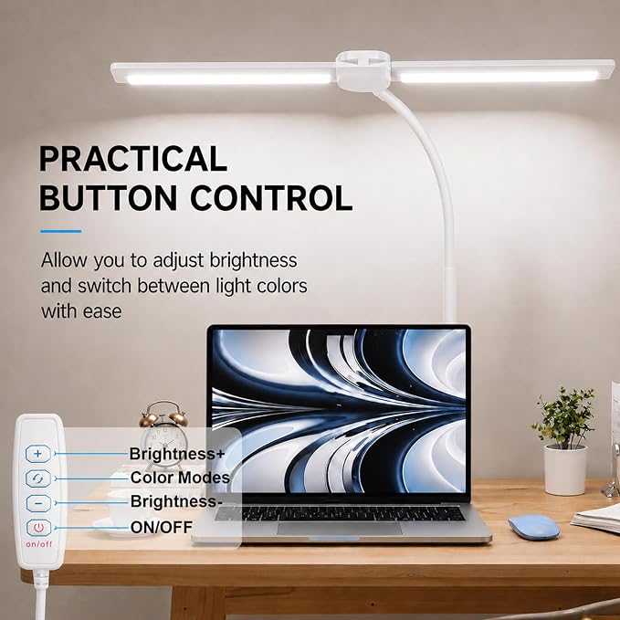 Desk Lamps for Home Office, Computer Light Bar, Double Head, White | Eye-Care Architect Light with Clamp, 3 Color Modes 10 Brightness, Adjustable for Reading, Study, Workbench - Image 8