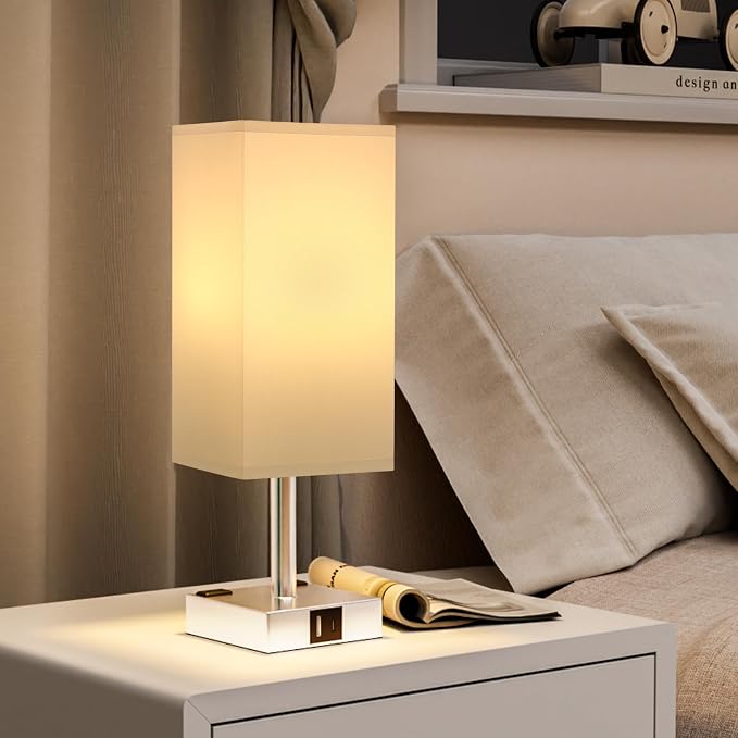 White Touch Table Lamp for Bedroom - Dimmable, USB C+A, 2 AC Outlets | 3-Way Dimming, 3000K Bulb Included, Square White Lampshade and Silver Base, Desk Lamp for Nightstand, Living Room, Dorm - Image 6