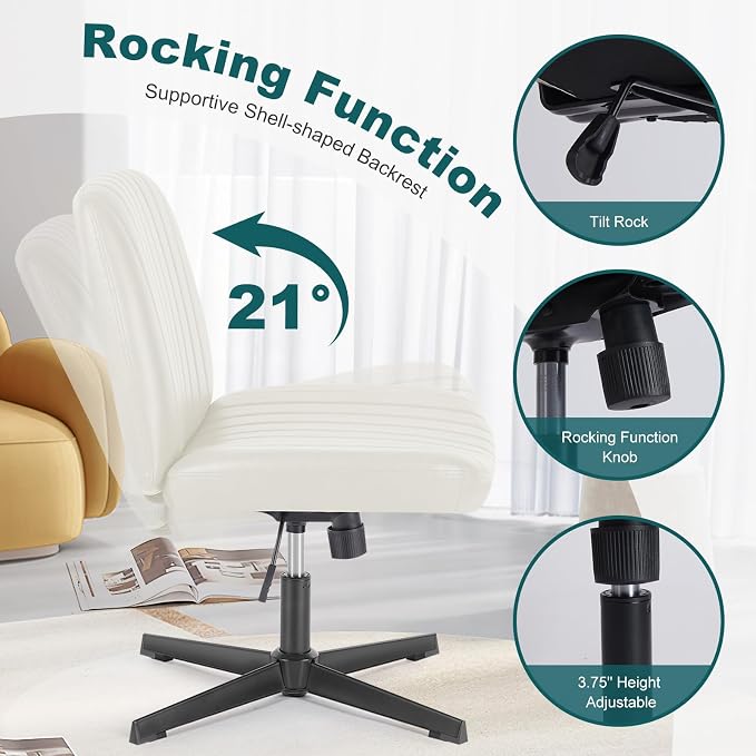 OLIXIS Criss Cross Chair, Vanity Chair, Home Office Desk | Armless No Wheels Wide Seat, Height Adjustable Swivel, Padded PU Leather, Bedroom Student Study, Beige Dual Base - Image 6