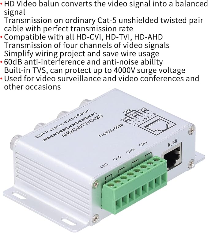 Video Balun, 1080P 4 Channel Passive Balun -interference for UTP Converter for Passive Video Twisted Pair Transceiver for Home for Industry - Image 5