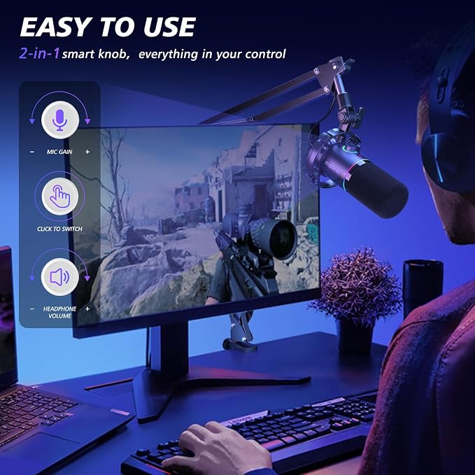 MAONO PD200XS XLR/USB Dynamic Microphone Kit, RGB Gaming Mic with Software | PC Mic with Mute, Gain Knob, Volume Control, Boom Arm for Streaming, Gaming, Podcasting, Voice-Over, Recording - Image 5